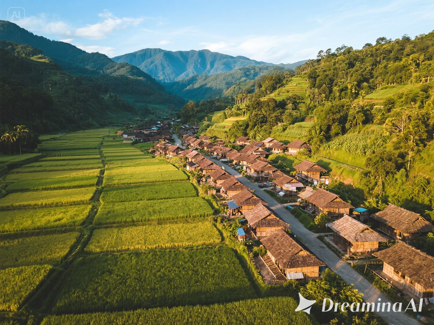 Pemandangan udara Desa Kanigoro menampilkan rumah-rumah tradisional dengan atap genteng, sawah berteras, dan lanskap pegunungan yang indah